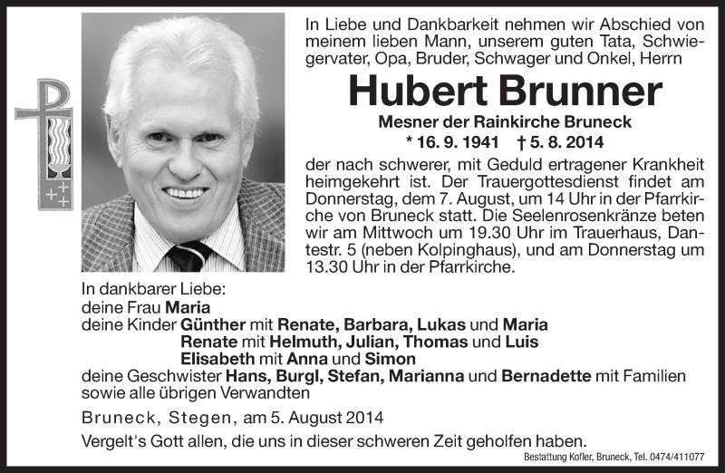  Traueranzeige für Hubert Brunner vom 06.08.2014 aus Dolomiten