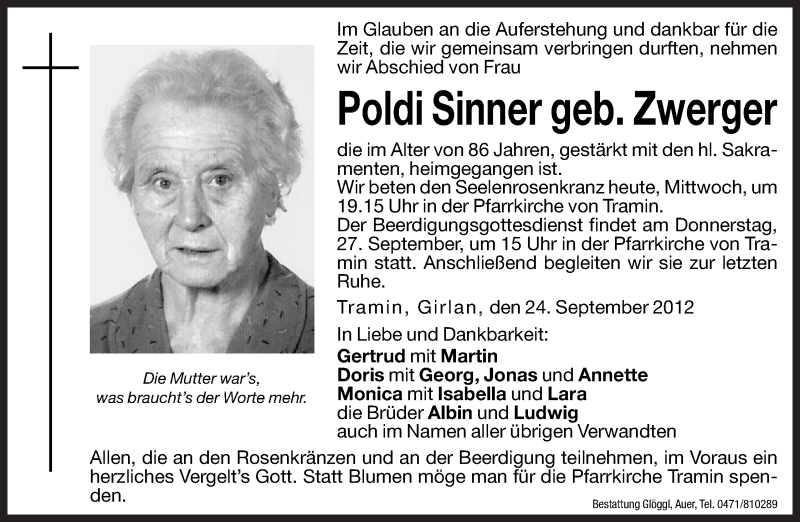  Traueranzeige für Poldi Sinner vom 26.09.2012 aus Dolomiten