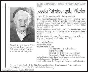 Traueranzeige von Josefa Patreider von Dolomiten
