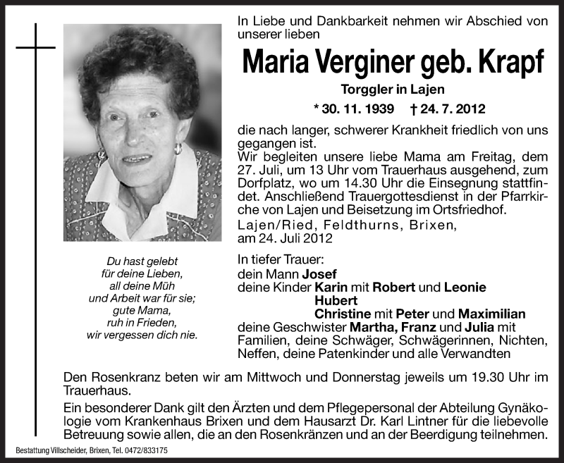  Traueranzeige für Maria Verginer vom 25.07.2012 aus Dolomiten