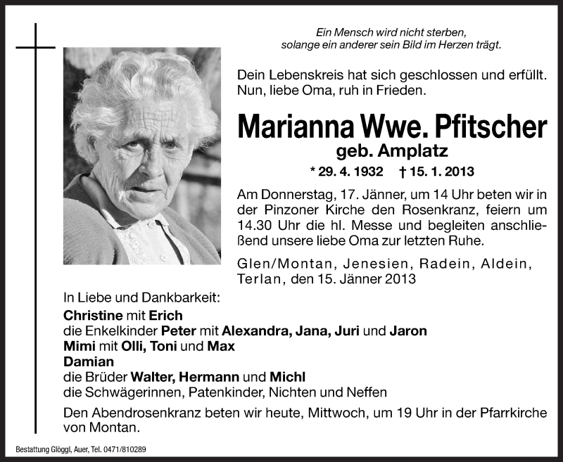  Traueranzeige für Marianna Pfitscher vom 16.01.2013 aus Dolomiten