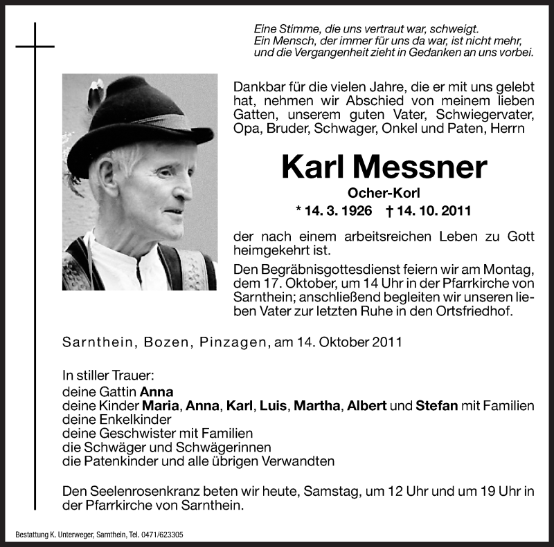  Traueranzeige für Karl Messner vom 15.10.2011 aus Dolomiten