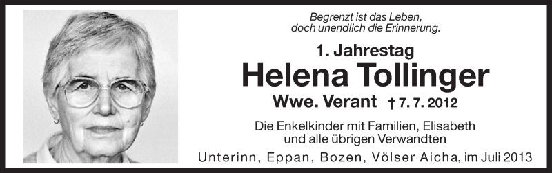  Traueranzeige für Helena Tollinger vom 06.07.2013 aus Dolomiten