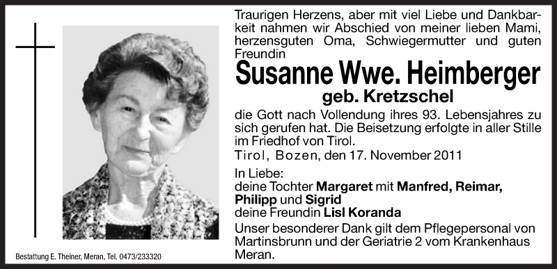  Traueranzeige für Susanne Heimberger vom 26.11.2011 aus Dolomiten