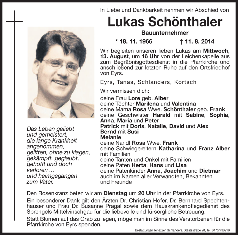  Traueranzeige für Lukas Schönthaler vom 12.08.2014 aus Dolomiten