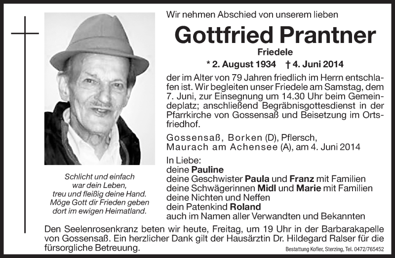  Traueranzeige für Gottfried Prantner vom 06.06.2014 aus Dolomiten