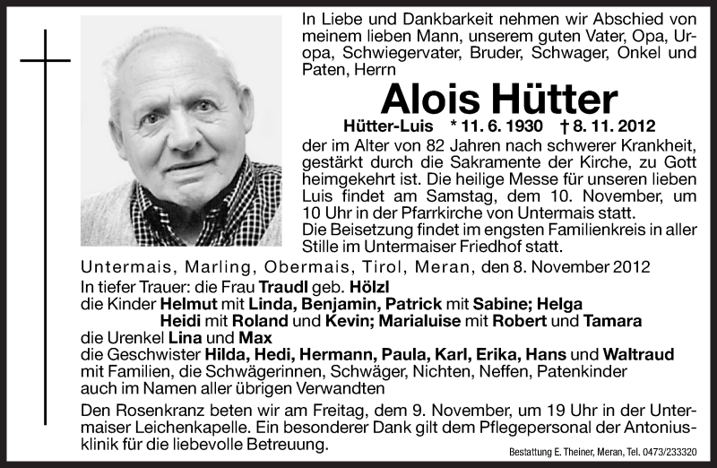  Traueranzeige für Alois Hütter vom 09.11.2012 aus Dolomiten