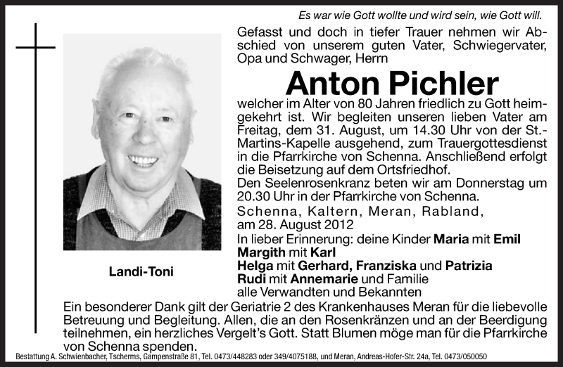  Traueranzeige für Anton Pichler vom 30.08.2012 aus Dolomiten