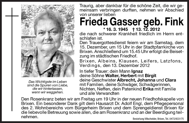  Traueranzeige für Frieda Gasser vom 14.12.2012 aus Dolomiten