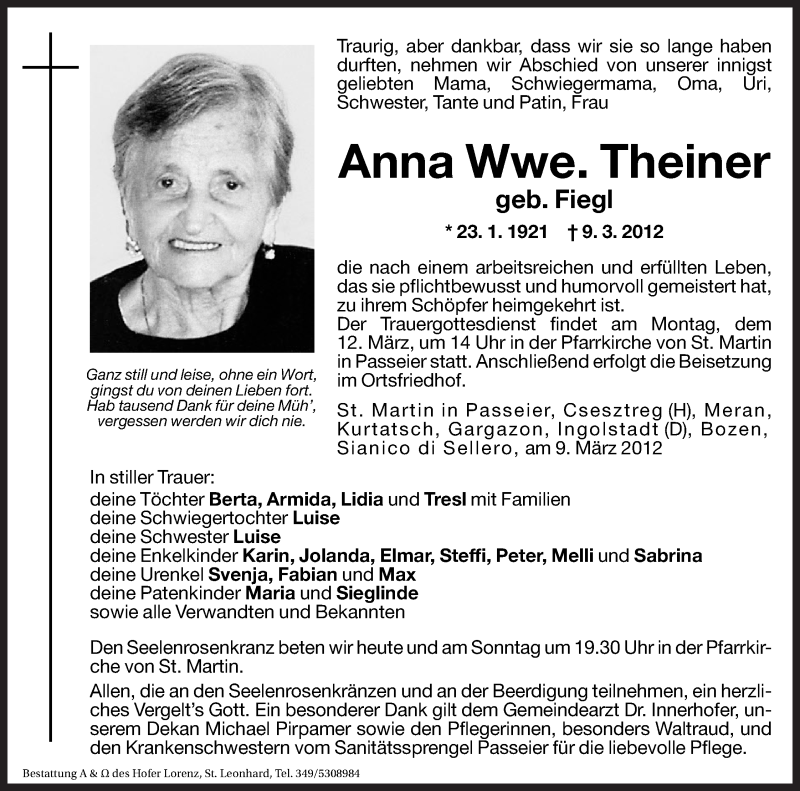  Traueranzeige für Anna Theiner vom 10.03.2012 aus Dolomiten