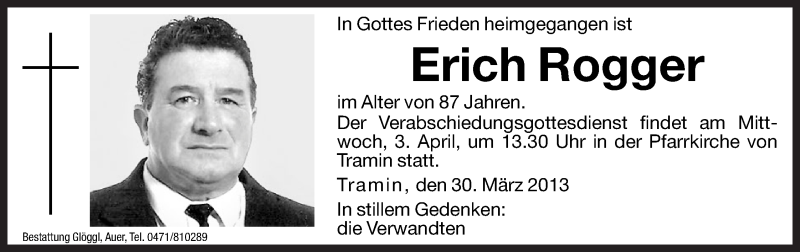  Traueranzeige für Erich Rogger vom 02.04.2013 aus Dolomiten