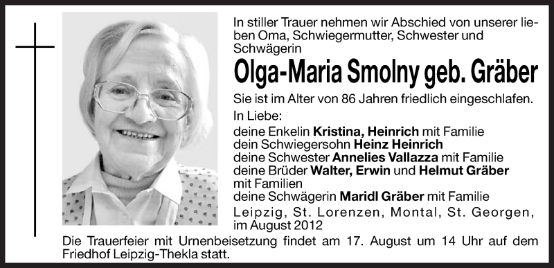  Traueranzeige für Olga-Maria Smolny vom 11.08.2012 aus Dolomiten