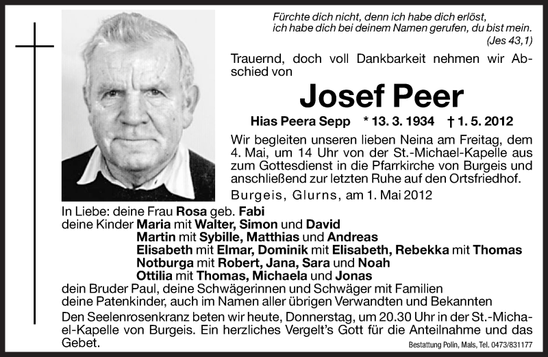  Traueranzeige für Josef Peer vom 03.05.2012 aus Dolomiten