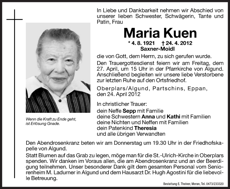  Traueranzeige für Maria Kuen vom 26.04.2012 aus Dolomiten