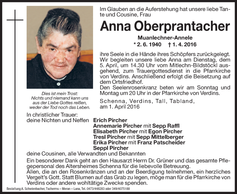  Traueranzeige für Anna Oberprantacher vom 02.04.2016 aus Dolomiten