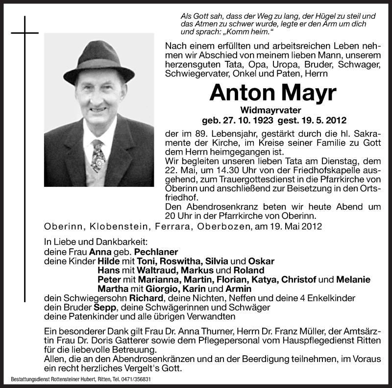  Traueranzeige für Anton Mayr vom 21.05.2012 aus Dolomiten