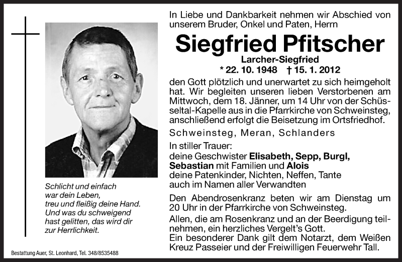  Traueranzeige für Siegfried Pfitscher vom 17.01.2012 aus Dolomiten