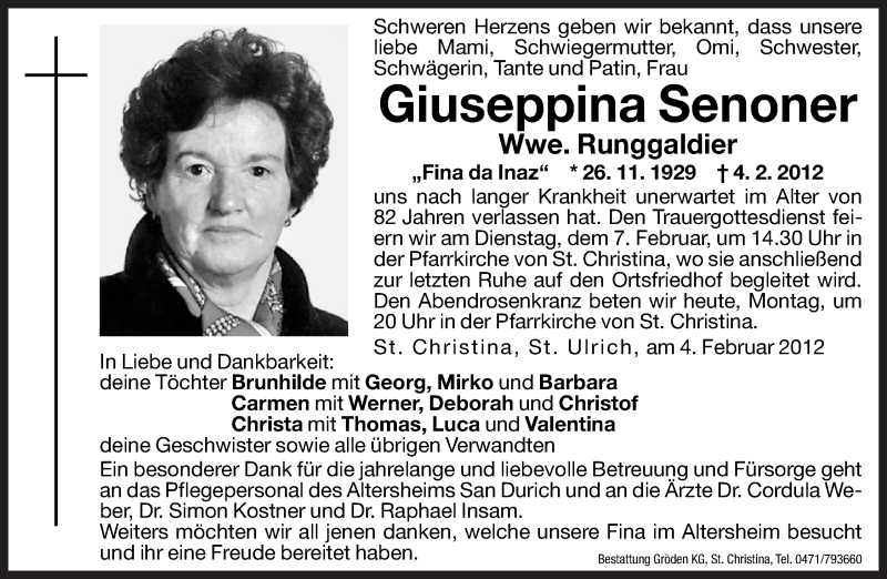  Traueranzeige für Giuseppina Runggaldier vom 06.02.2012 aus Dolomiten