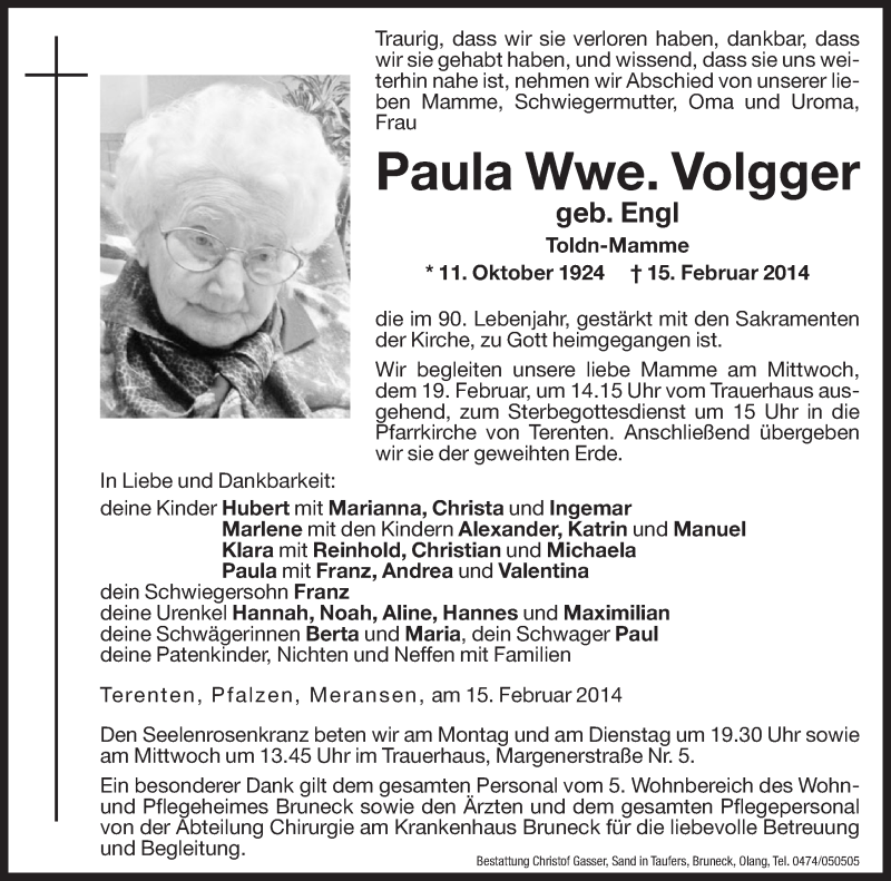  Traueranzeige für Paula Volgger vom 17.02.2014 aus Dolomiten