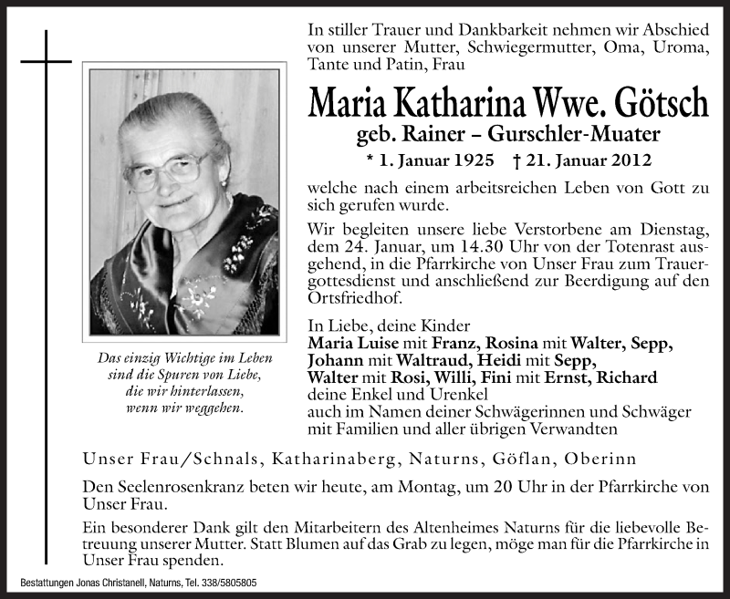  Traueranzeige für Maria Katharina Götsch vom 23.01.2012 aus Dolomiten