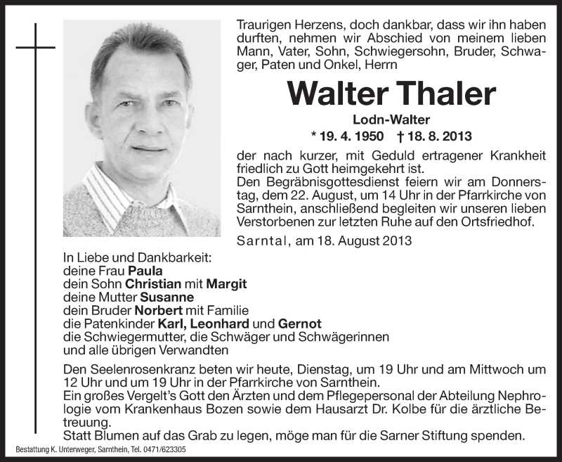  Traueranzeige für Walter Thaler vom 20.08.2013 aus Dolomiten