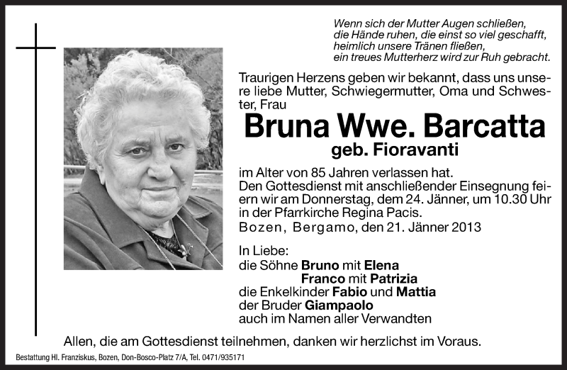  Traueranzeige für Bruna Barcatta vom 23.01.2013 aus Dolomiten