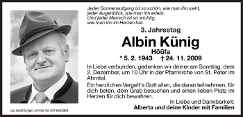 Traueranzeige von Albin Künig von Dolomiten