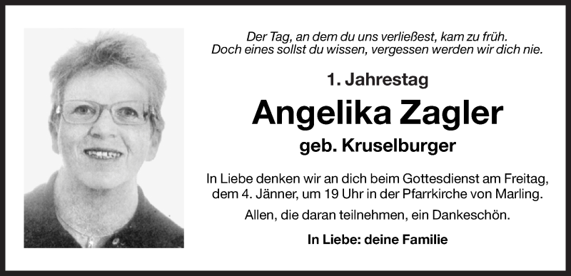  Traueranzeige für Angelika Zagler vom 04.01.2013 aus Dolomiten