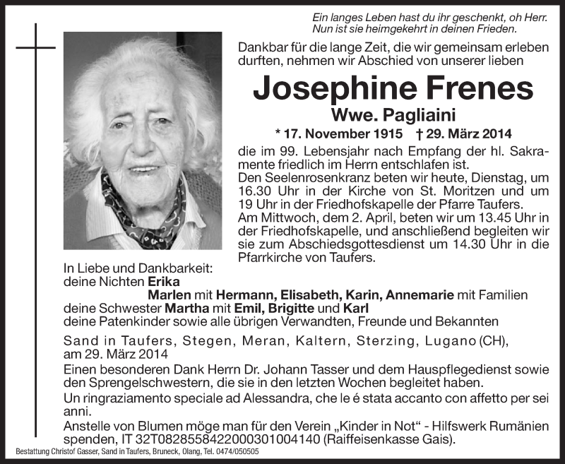  Traueranzeige für Josephine Pagliaini vom 01.04.2014 aus Dolomiten