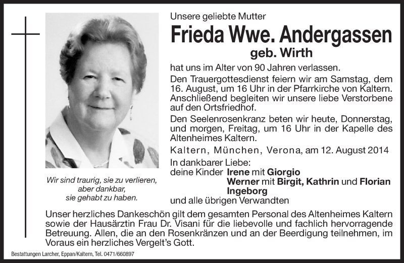  Traueranzeige für Frieda Andergassen vom 14.08.2014 aus Dolomiten