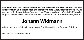 Traueranzeige von Johann Widmann von Dolomiten