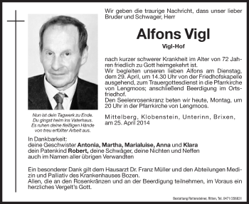 Traueranzeige von Alfons Vigl von Dolomiten