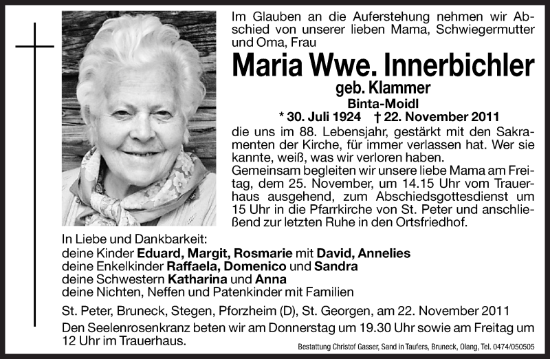  Traueranzeige für Maria Innerbichler vom 24.11.2011 aus Dolomiten