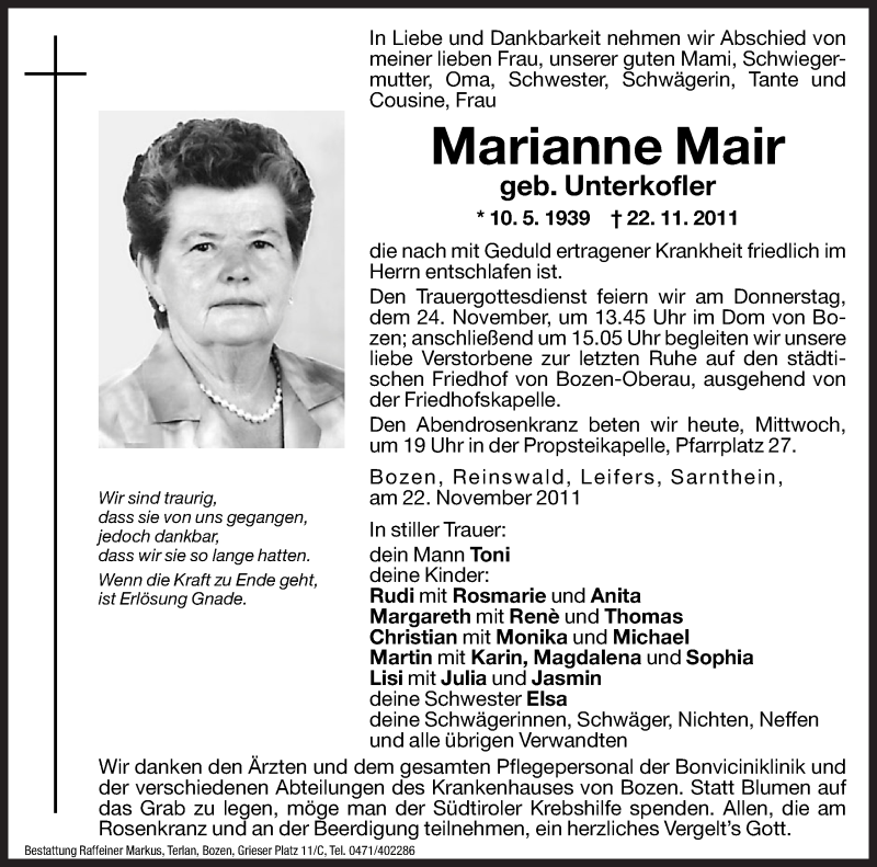  Traueranzeige für Marianne Mair vom 23.11.2011 aus Dolomiten