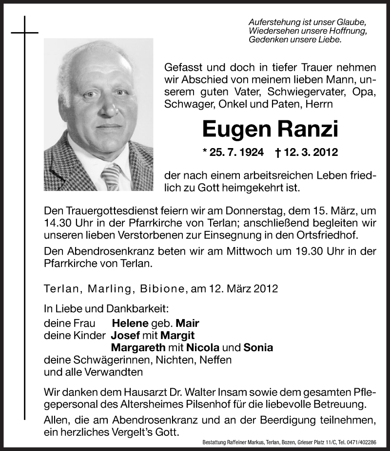  Traueranzeige für Eugen Ranzi vom 13.03.2012 aus Dolomiten