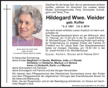 Traueranzeige von Hildegard Vieider von Dolomiten