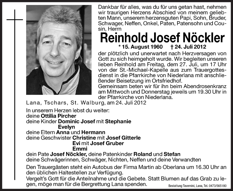  Traueranzeige für Reinhold Josef Nöckler vom 25.07.2012 aus Dolomiten