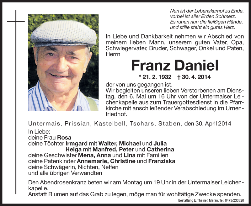  Traueranzeige für Franz Daniel vom 03.05.2014 aus Dolomiten