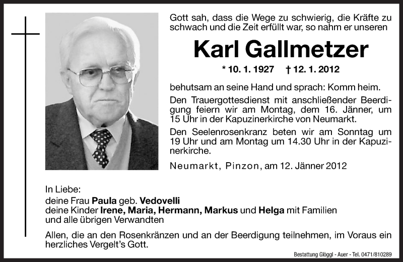  Traueranzeige für Karl Gallmetzer vom 14.01.2012 aus Dolomiten