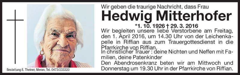  Traueranzeige für Hedwig Mitterhofer vom 30.03.2016 aus Dolomiten