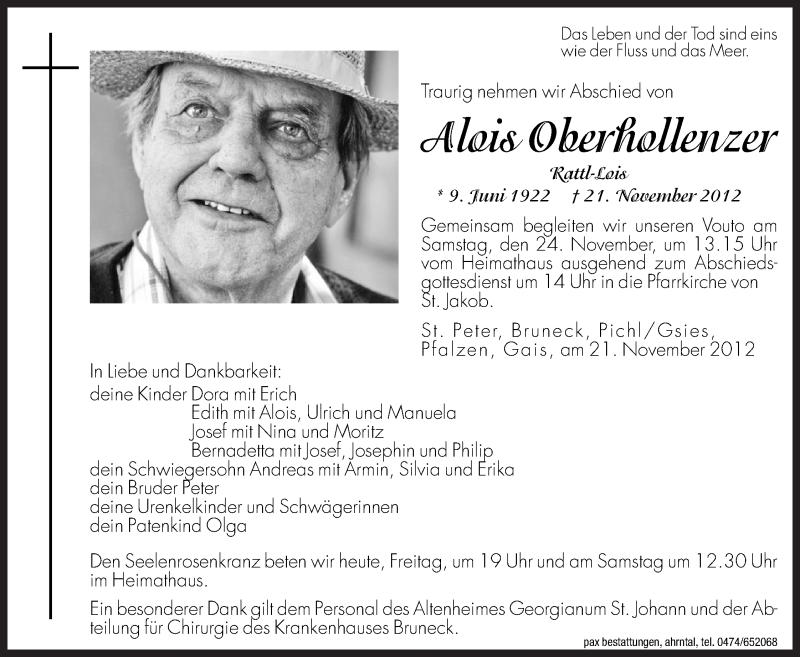  Traueranzeige für Alois Oberhollenzer vom 23.11.2012 aus Dolomiten