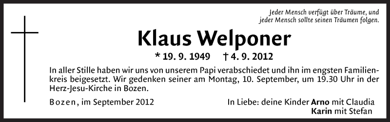  Traueranzeige für Klaus Welponer vom 08.09.2012 aus Dolomiten