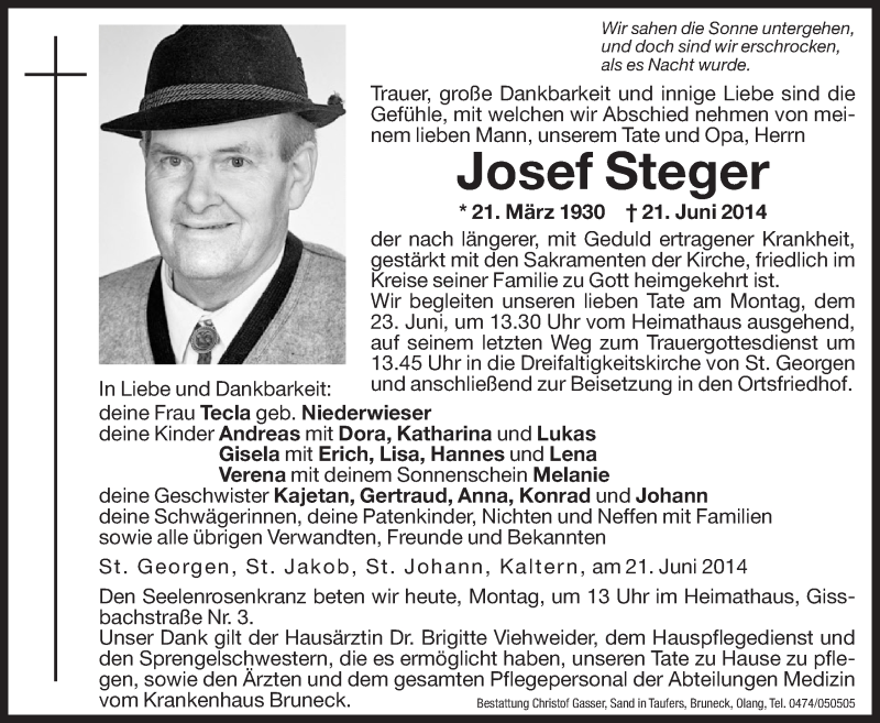  Traueranzeige für Josef Steger vom 23.06.2014 aus Dolomiten