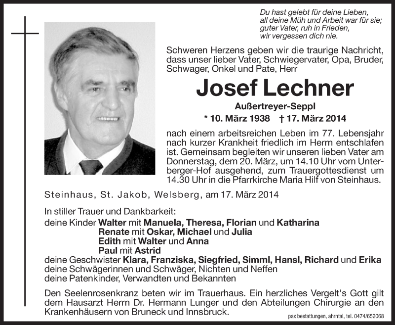  Traueranzeige für Josef Lechner vom 19.03.2014 aus Dolomiten