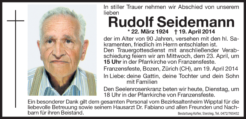  Traueranzeige für Rudolf Seidemann vom 22.04.2014 aus Dolomiten