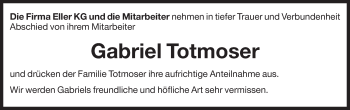 Traueranzeige von Gabriel Totmoser von Dolomiten