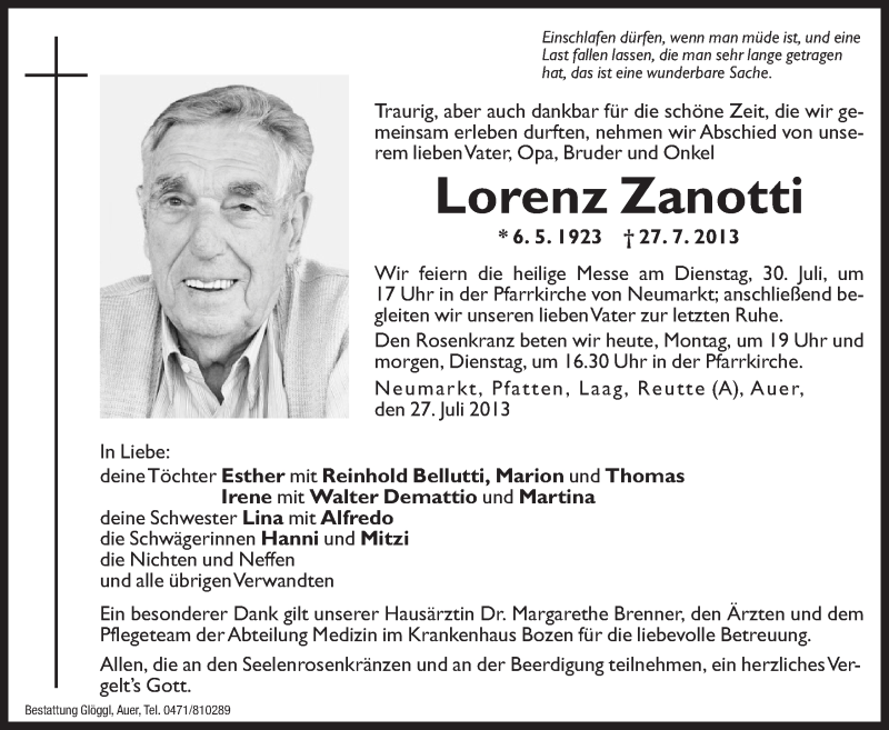  Traueranzeige für Lorenz Zanotti vom 29.07.2013 aus Dolomiten