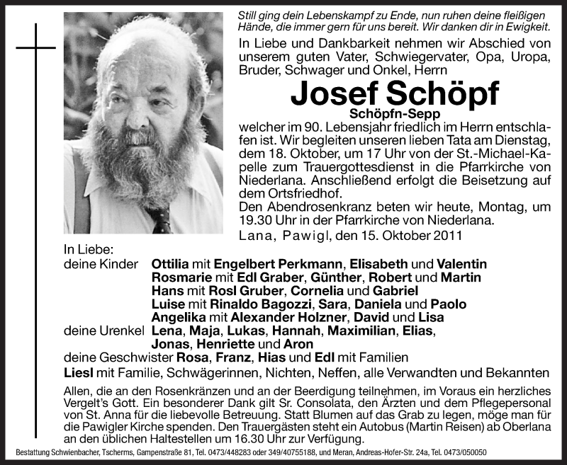  Traueranzeige für Josef Schöpf vom 17.10.2011 aus Dolomiten