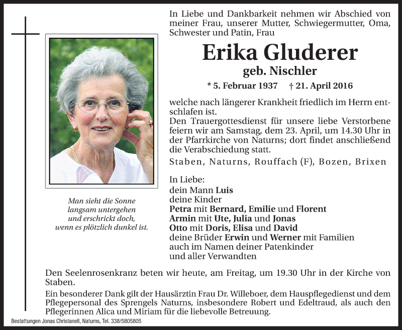  Traueranzeige für Erika Gluderer vom 22.04.2016 aus Dolomiten