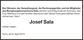 Traueranzeige von Josef Sala von Dolomiten
